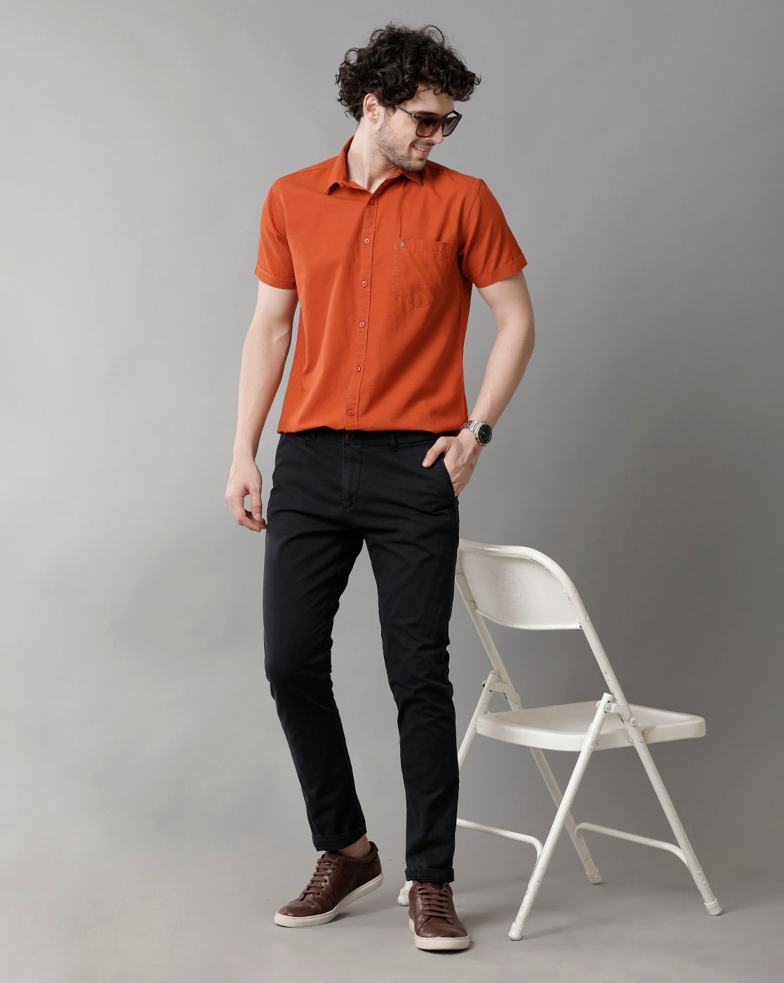Marmalade Orange Linen Blend Slim Fit Half Shirt