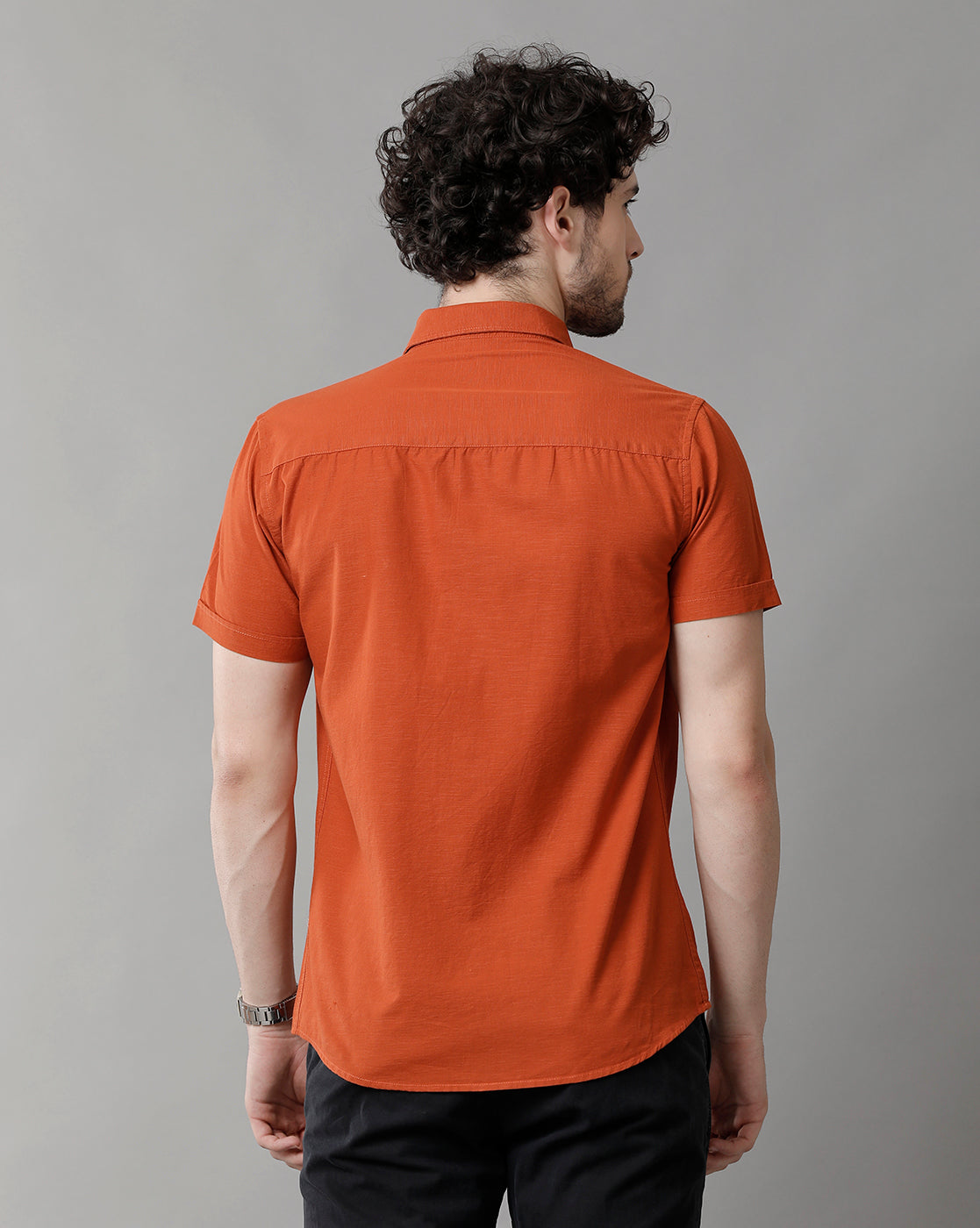 Marmalade Orange Linen Blend Slim Fit Half Shirt