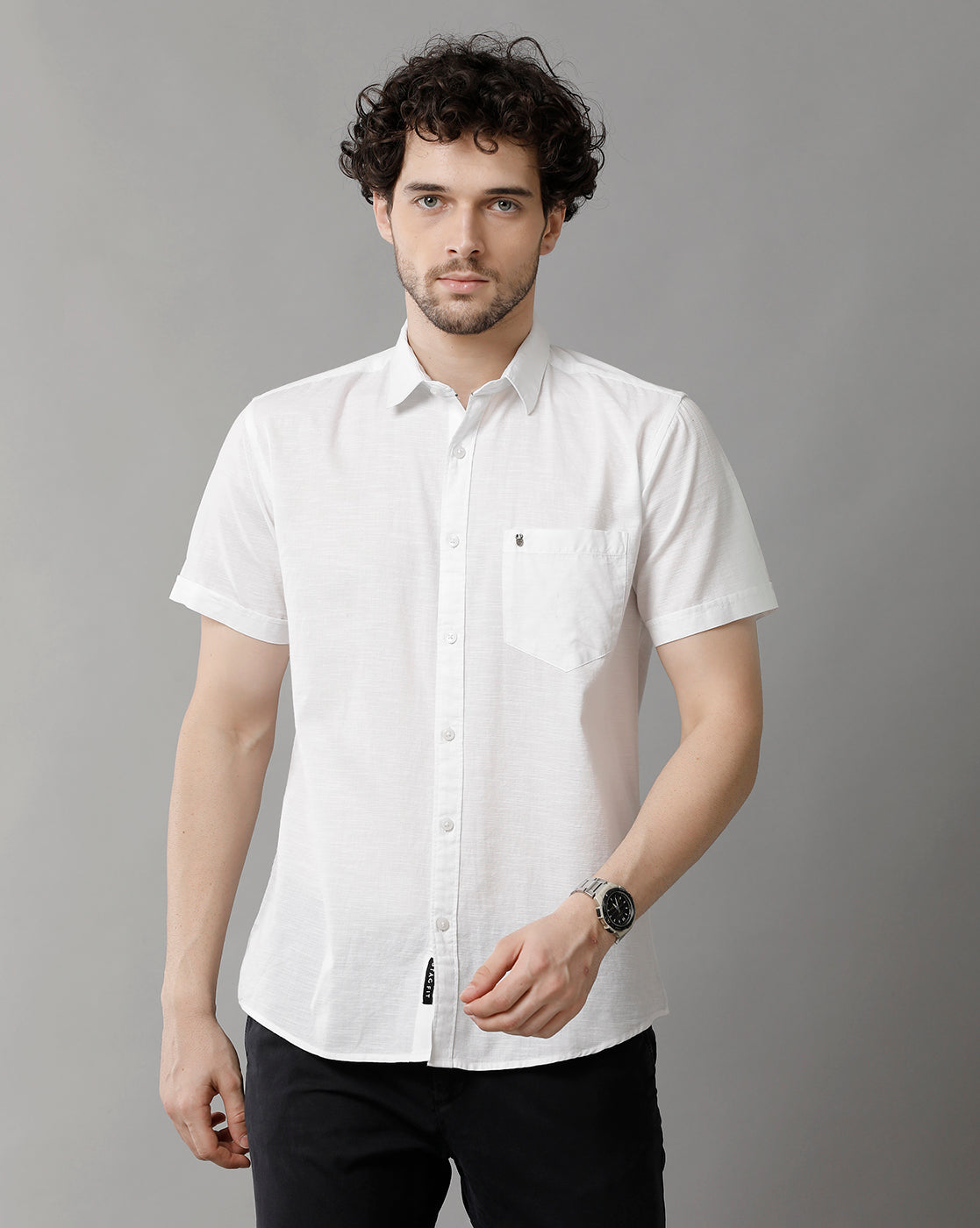 Solid White Linen Blend Slim Fit Half Shirt
