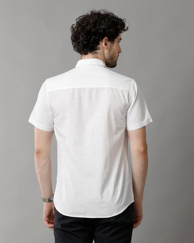 Solid White Linen Blend Slim Fit Half Shirt
