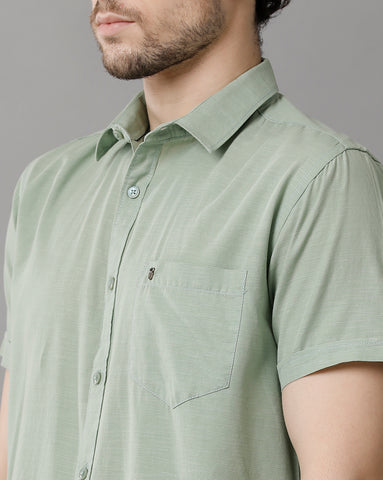 Solid Green Linen Blend Slim Fit Half Shirt