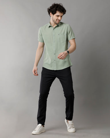 Solid Green Linen Blend Slim Fit Half Shirt