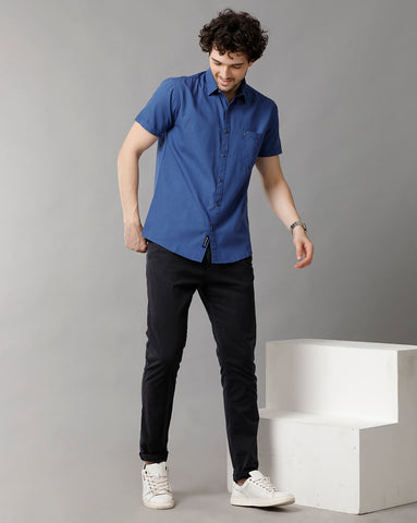 Solid Royal Blue Linen Blend Slim Fit Half Shirt