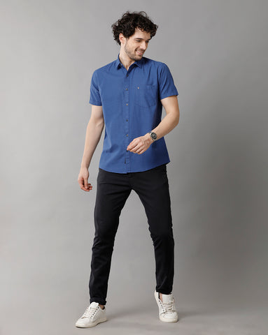 Solid Royal Blue Linen Blend Slim Fit Half Shirt