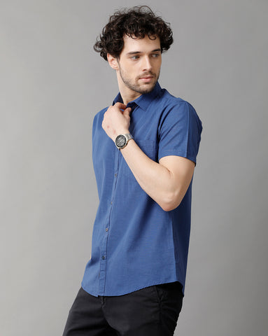 Solid Royal Blue Linen Blend Slim Fit Half Shirt