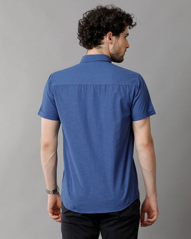 Solid Royal Blue Linen Blend Slim Fit Half Shirt