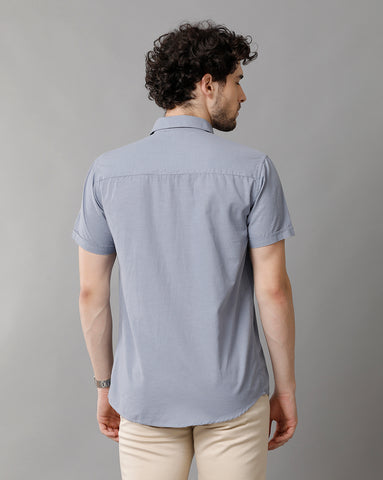 Sky Blue Linen Blend Slim Fit Half Shirt