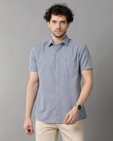 Sky Blue Linen Blend Slim Fit Half Shirt