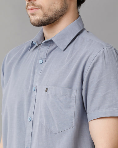 Sky Blue Linen Blend Slim Fit Half Shirt