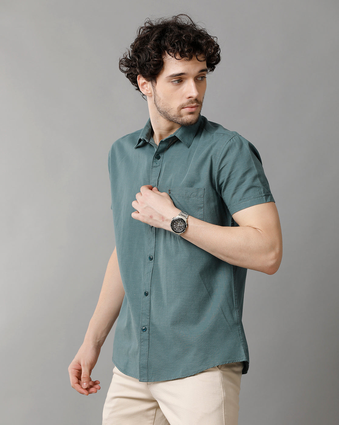 Sea Green Linen Blend Slim Fit Half Shirt