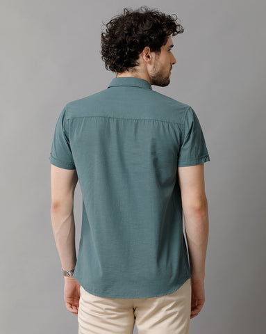 Sea Green Linen Blend Slim Fit Half Shirt