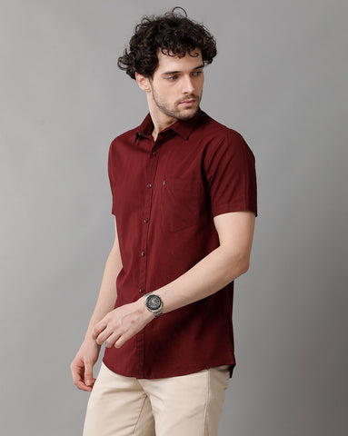 Solid Maroon Linen Blend Slim Fit Half Shirt