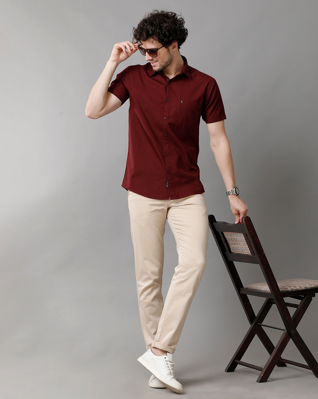 Solid Maroon Linen Blend Slim Fit Half Shirt