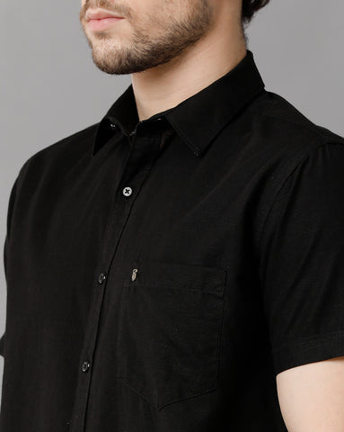 Solid Black Linen Blend Slim Fit Half Shirt