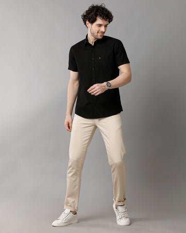 Solid Black Linen Blend Slim Fit Half Shirt