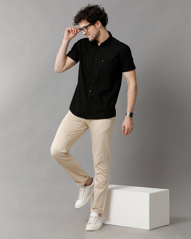 Solid Black Linen Blend Slim Fit Half Shirt
