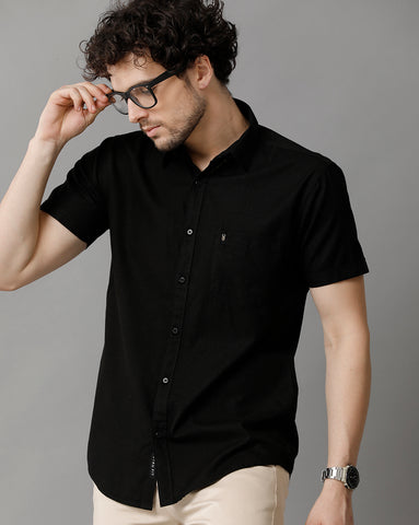 Solid Black Linen Blend Slim Fit Half Shirt