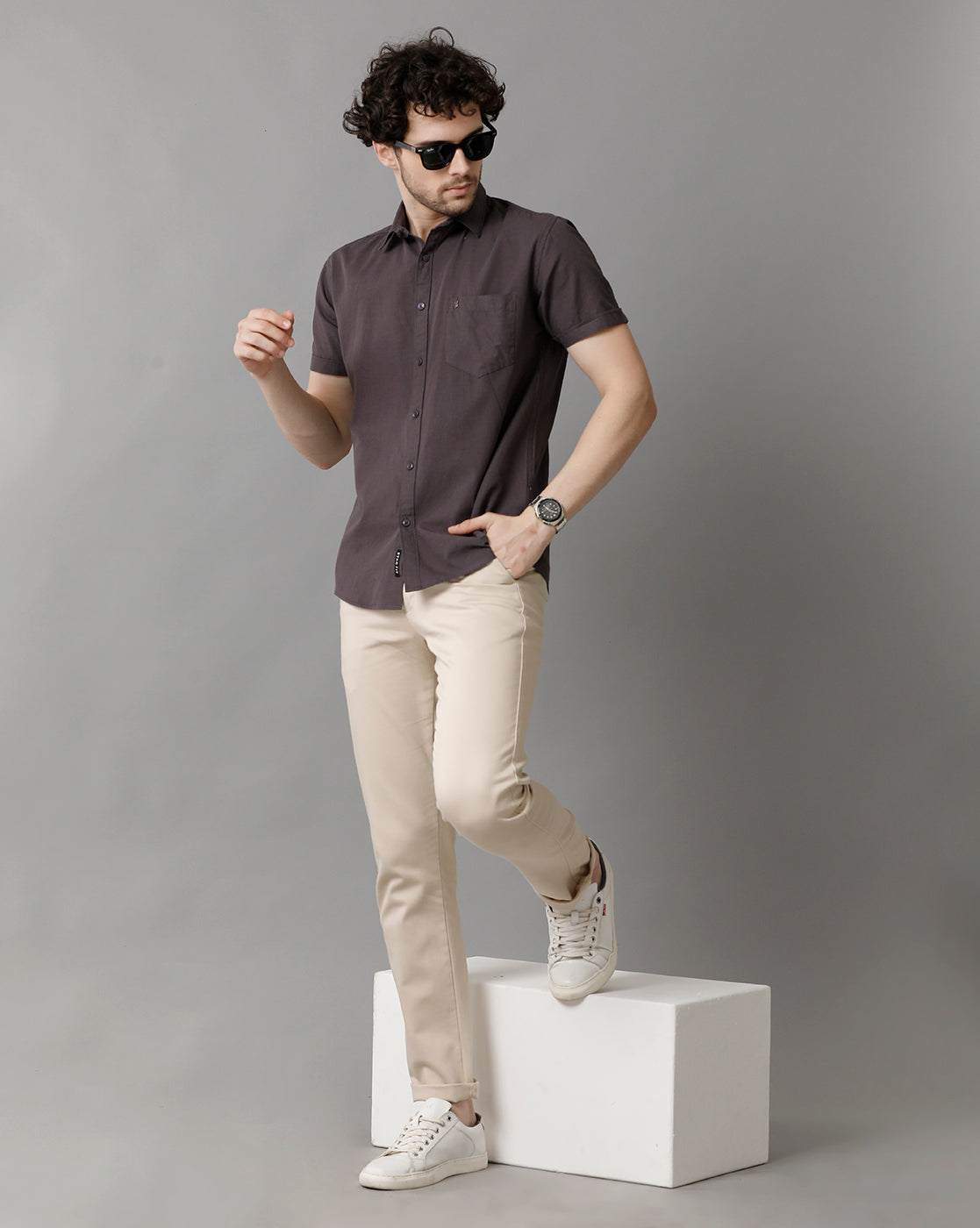 Dark Grey Linen Blend Slim Fit Half Shirt