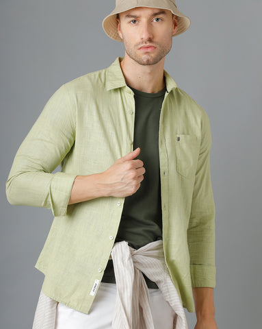 Green Linen Slim Fit Full Shirt