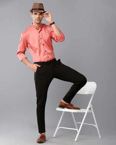 Satin Coral Pink Chinese Collar Shirt