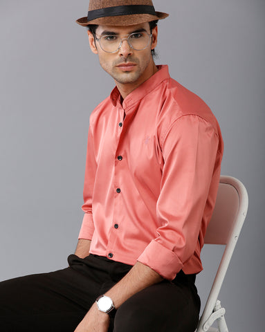 Satin Coral Pink Chinese Collar Shirt