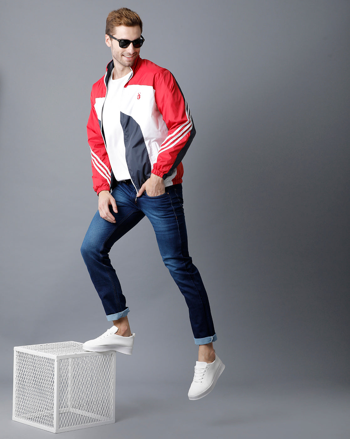 Red | White | Navy Blue Tricolor Slim Fit Windcheater