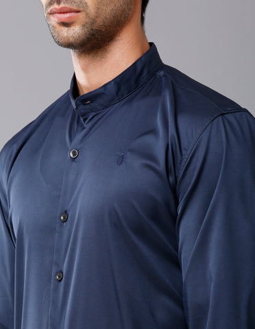 NAVY BLUE CHINESE COLLAR SATIN SHIRT