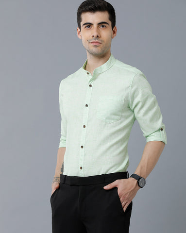 Light Green Linen Chinese Collar Slim Fit Shirt
