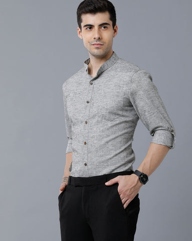 Charcoal Grey Linen Chinese Collar Slim Fit Shirt