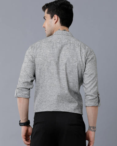 Charcoal Grey Linen Chinese Collar Slim Fit Shirt