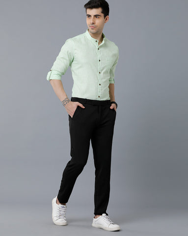 Light Green Linen Chinese Collar Slim Fit Shirt